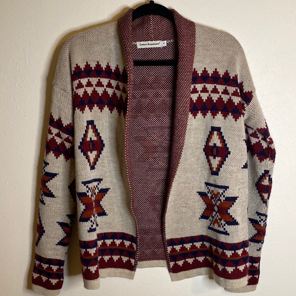 Cotton Emporium Aztec Print Open Front Cardigan Sz S